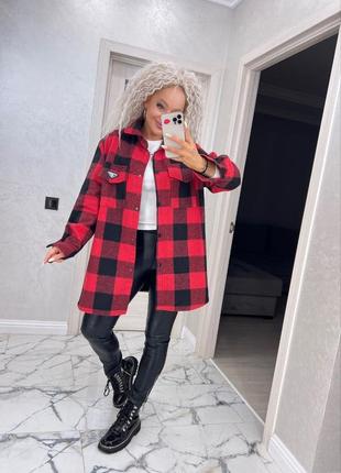 Рубашка женская теплая шерсть удлиненная оверсайз батал 54-60 в клетку синяя, красная, серо-розовая