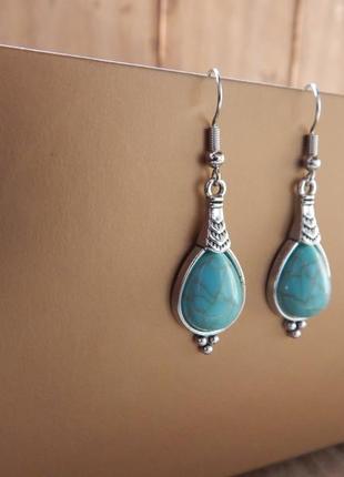 Сережки каплі срібляств під бірюзу в античному стилі