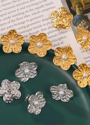 Модные серьги гвоздики цветок жемчуг нержавеющая сталь тренд винтаж