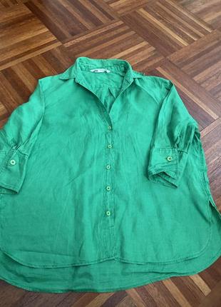 Льняна льон 💯 зелена яскрава сорочка zara оверсайз xs 34 іспанія 🇪🇸