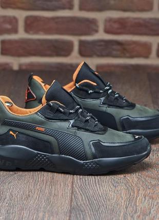 Мужские кроссовки в стиле puma хаки /черная натуральная кожа, ежесноватые кроссовки