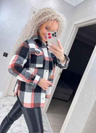 Рубашка женская теплая шерсть оверсайз 42-52 в клетку черно-белая, синяя, серо-розовая