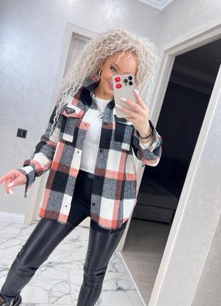 Рубашка женская теплая шерсть оверсайз 42-52 в клетку черно-белая, синяя, серо-розовая