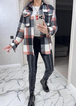 Рубашка женская теплая шерсть оверсайз 42-52 в клетку черно-белая, синяя, серо-розовая