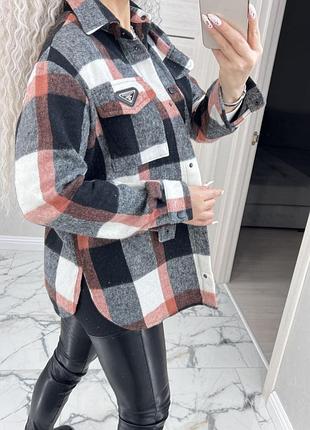 Рубашка женская теплая шерсть оверсайз 42-52 в клетку черно-белая, синяя, серо-розовая