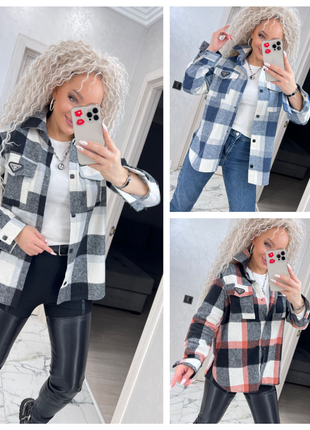 Рубашка женская теплая шерсть оверсайз 42-52 в клетку черно-белая, синяя, серо-розовая