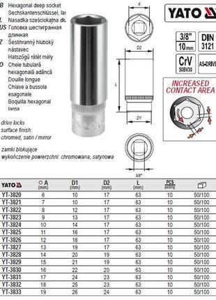 Головка 6-гранна довга 3/8" м7х63 мм польща yato yt-3821