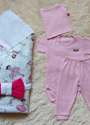 Літній конверт valleri з принтом балерини + комплект ніжність для новонароджених, білий + рожевий