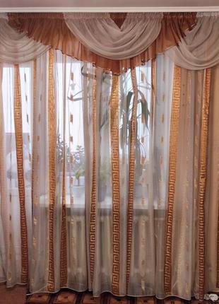 Тюль жаккардовая шифон в полоску с ламбрекенами на тесьме 7,85 х 2,50