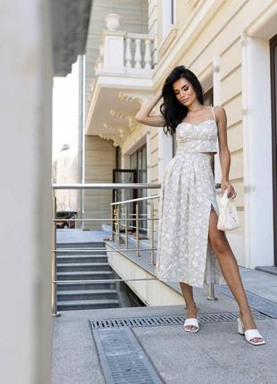 Цветочный комплект юбка + топ из натуральной ткани, костюм юбка и топ из штапеля, portofino