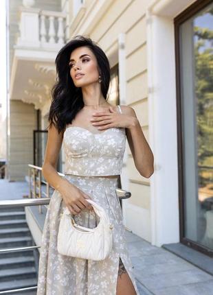 Цветочный комплект юбка + топ из натуральной ткани, костюм юбка и топ из штапеля, portofino