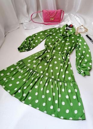 Легка літня шовкова сукня в горох пишний рука волани два кольори розміри 48 50 52 54 56
