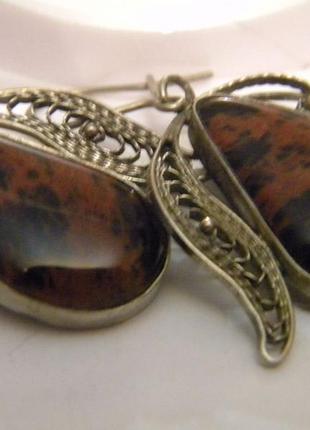 Серьги ссср камень яшма мельхиор скань серебрение №1380