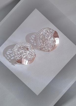 🛍 серьги серебро с золотом фианит белый золотая пластина