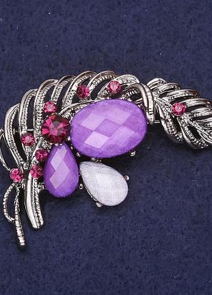 Брошка перо з намистинами +  стрази, сріблястий метал