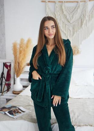 Зимняя теплая пижама велсофт халат и штаны 8 цветов