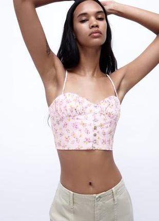 Топ короткий из льна цветочный принт розовый кроп s m zara 4661/108