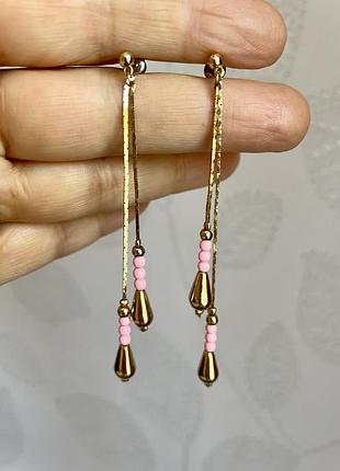 Винтажные серьги длинные цепочки розовые золотистые американский винтаж