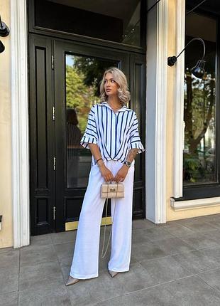 Качественный костюм рубашка-блуза в полоску и брюки палаццо клеш свободного кроя 🔥