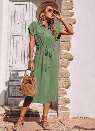 Сукня міді однотонна вільного крою на гудзиках з поясом якісна стильна літня легка оливкова