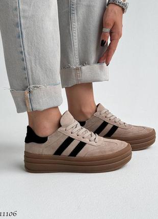 Кеды из натуральной кожи и замши женские на платформе