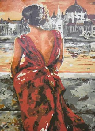 Картина за номерами strateg преміум леді в червоній сукні з лаком та з рівнем розміром 30х40 см (ss6460)