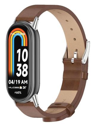 Кожаный ремешок mijobs для фитнес браслета xiaomi mi smart band 8 - brown&silver