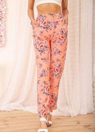 Літні бавовняні штани, з квітковим принтом, колір персиковий, 172r65-1