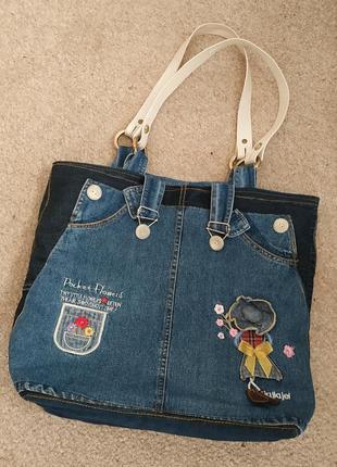 Оригинальная сумка шоппер ручной работы из джинсовой ткани с кожаными ручками.