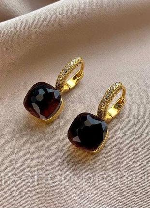Роскошные серьги с квадратным бордовым камнем /серьги помеллато позолота / винный цвет / позолота 18к