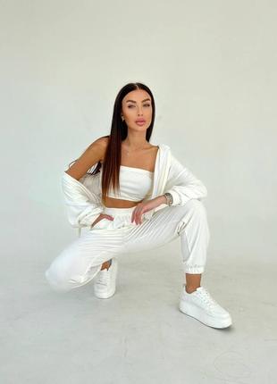 Костюм спортивный женский тройка (брюки джогеры+топ+укороченное худи на молнии) 42-46 велюр белый