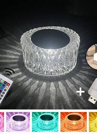 Лампа настільна led rgb кришталева crystal на акумуляторі сенсорне керування з пультом управління 16 кольорів світильник usb
