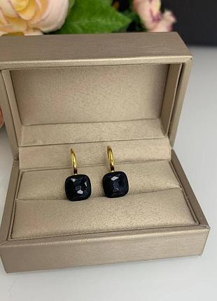 Серьги помеллато с квадратным черным камнем позолота 18 к  / винтажные серьги с черным кристаллом
