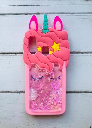 Чохол силіконовий 3d case з переливаються блиском для samsung galaxy а40 (2019) а405 рожевий єдиноріг