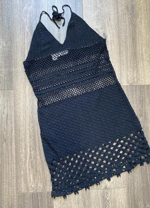 Черное пляжное сарафан открытое платье кроше