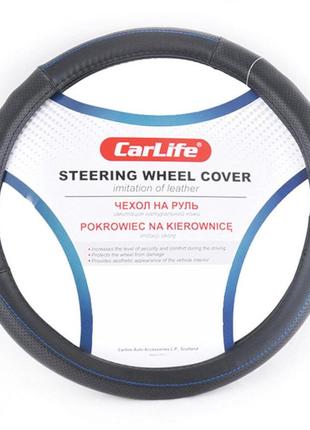 Чехол на руль carlife 39-41 см из искусственной кожи, черный с синей нитью ve-33