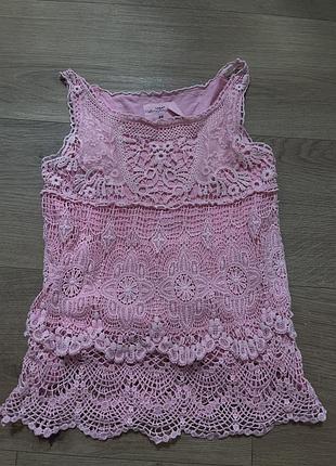 Блуза розовая майка на девочку на лето с рюшами кружевная