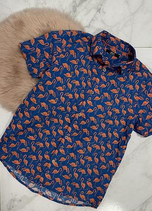 Стильная рубашка next, рубашка с фламинго next, легкая рубашка, рубашка с коротким рукавом, рубашка