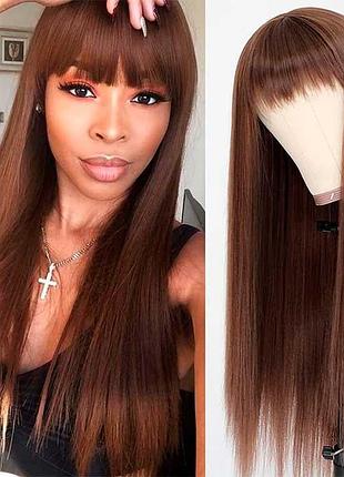 Прямой аниме парик с длинной челкой "шатенка" 70см каштановый