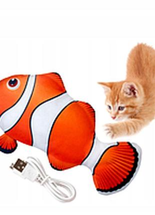Мягкая игрушка для кошек рыбка клоун красный с виляющим хвостом заряжается через usb длинна рыбки 25 см