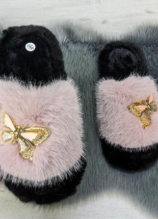 Тапочки хутряні жіночі пудрові 4534