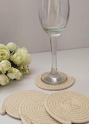 Подставки для посуды из хлопкового шнура цвет айвори,подставки под бокалы, коврики для посуды