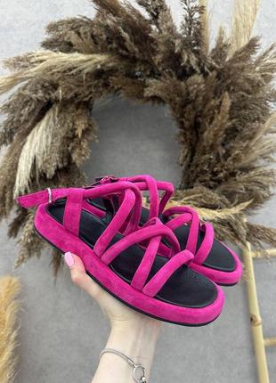 Босоножки сандали натуральный замш фуксия розовые на высокой подошве платформе танкетке6 фото