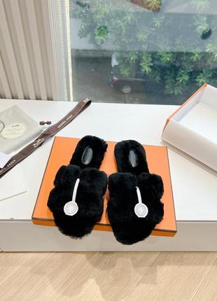 Пушистые, плюшевые тапки в стиле hermes
