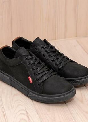 Чоловічі спортивній туфлі у стилі levis з натуральної матової шкіри,  шкіряні кеди на шнурівці чорного кольору