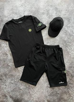 Черный сет комплект stone island футболка + шорты✅ + кепка