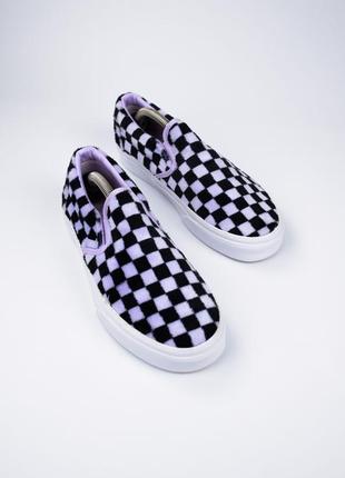 Vans slip-on fluffy ванси пухнасті низькі сліп-он в шашку 381 фото