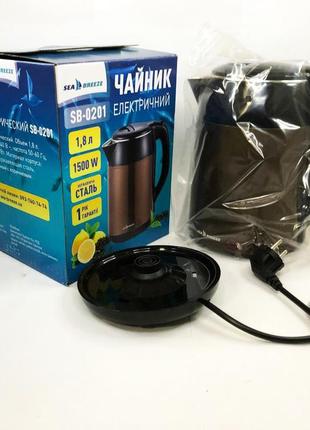 Электрочайник-термос металлический seabreeze sb-0201, стильный электрический чайник, бесшумный чайник5 фото