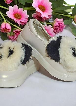 Демисезонные пушистые с мехом кроссовки туфли слипоны с мордашкой для девочки 89110 р.25,26,31