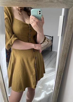 Лляна сукня з об‘ємним рукавом та спідницею сонцем